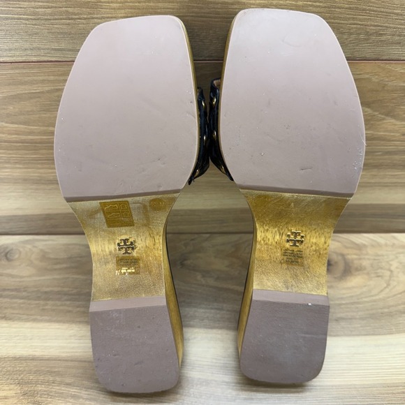 Tory Burch Basketweave Wooden Slides Womens 10.5 M Black Leather Slip On Clog - Picture 9 of 11